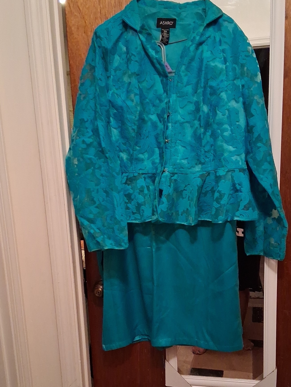 Ashro Teal Two-Piece Floral Jacket and Skirt